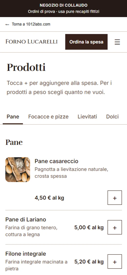 Catalogo della vetrina di collaudo del Forno Lucarelli, attività reale a Roma.